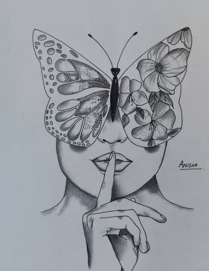 Pencil sketch of a woman's face merged with butterfly wings by Anisha